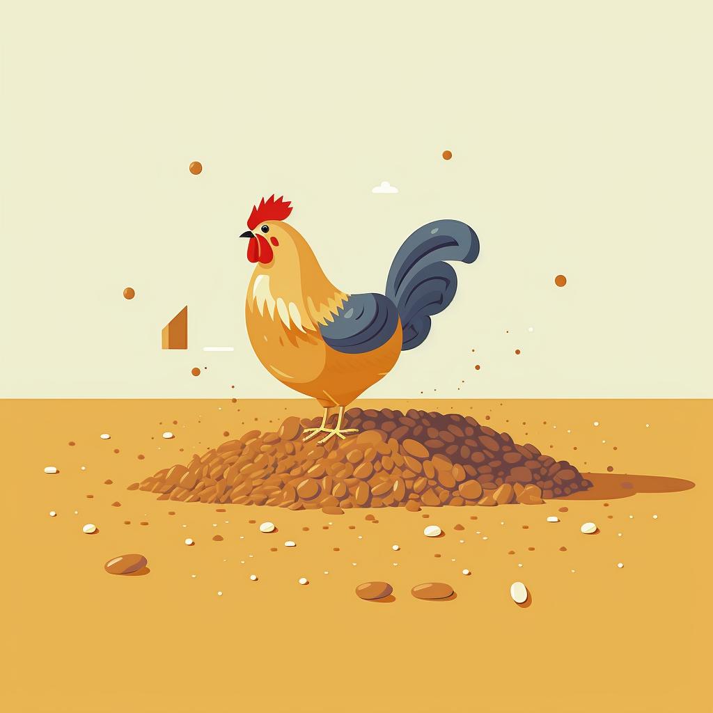 A chicken pecking at grains scattered on the ground