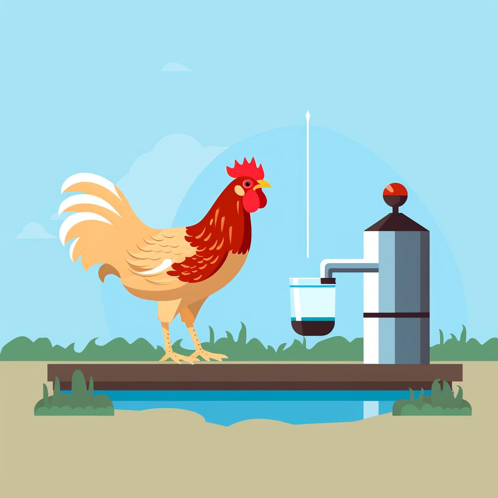 A chicken drinking clean water from a poultry waterer